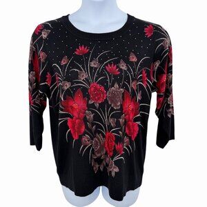 CATHY DANIELS RHINESTONE FLORAL KNIT LIGHTWEIGHT SWEATER - XL